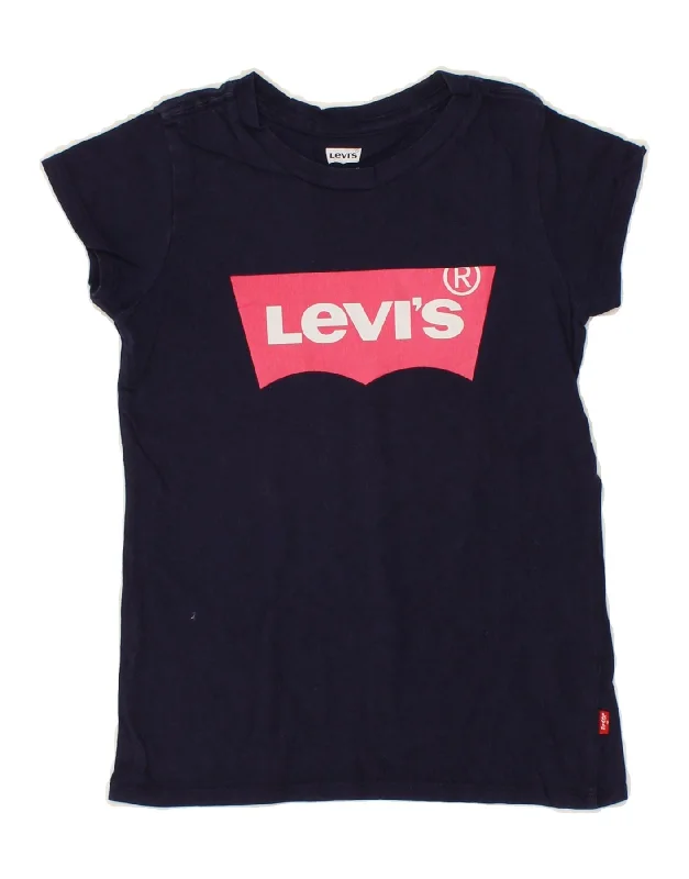 LEVI'S Girls Graphic T-Shirt Top 8-9 Years Navy Blue Cotton-- Fashionable Trendy Casual