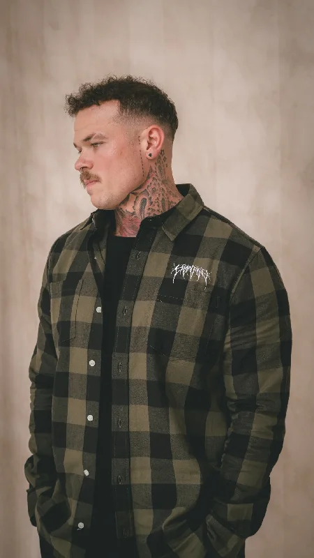 Metal Logo Checked Shirt Green-- Boxy Fit Fitted Loose