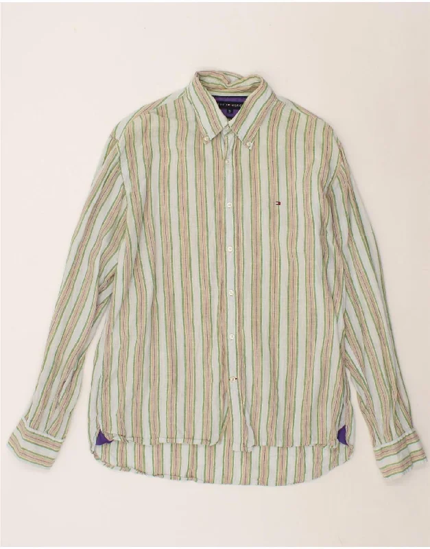 TOMMY HILFIGER Mens Shirt XL Green Striped Linen-- Mesh Canvas Denim