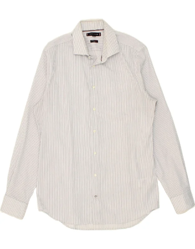 TOMMY HILFIGER Mens Slim Fit Shirt Size 41 16 Large Blue Pinstripe Cotton-- Boxy Fit Fitted Loose