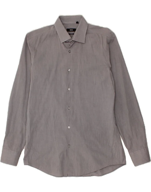 HUGO BOSS Mens Slim Fit Shirt Size 40 15 3/4 Medium Grey Cotton-- Zippered Front Buttoned Front Snap Front