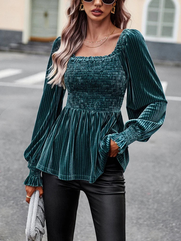 Wjczt French Minimalist Style Tops Spring Autumn Casual Wooden Ear Edge Square Neck Long Sleeve Chiffon Shirt Women's Streetwear-- Solid Color Striped Floral