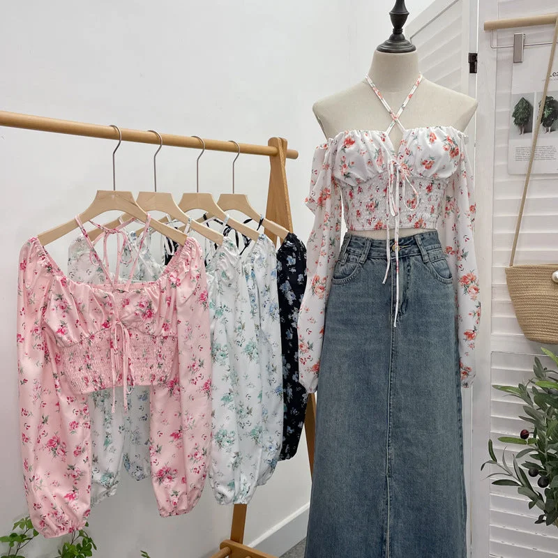 Wjczt outfit Floral Halter Lace-up off-Shoulder Puff Sleeve Shirt Women's Spring Short Waist Tube Top-- Casual Formal Business