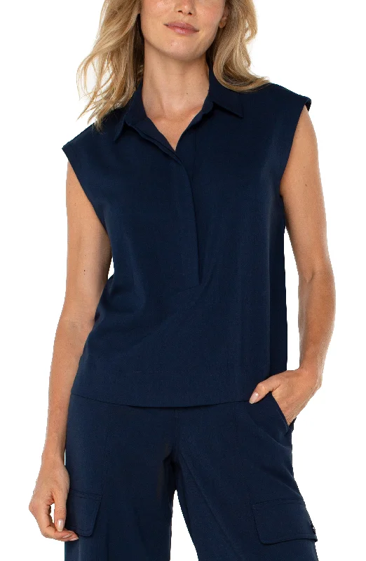 SLEEVELESS CROPPED SHIRT-- Mesh Canvas Denim