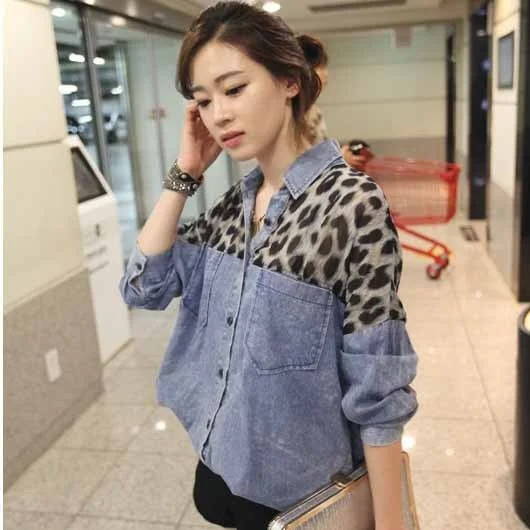 Women'S Fashion Casual Lapel Leopard Printing Denim Patchwork Shirt-- Mesh Blend Leather Blend Suede Blend