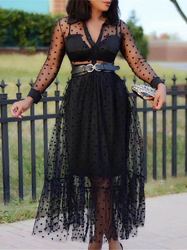 Women Black Mesh Two Pieces Set Polka Dot See Through Transparent Shirts Tops Tulle Skirts Lining Elastic Waist Pleated Jupes-- Nylon Fabric Polyester Fabric Spandex Fabric Women Black Mesh Two Pieces Set Polka Dot See Through Transparent Shirts Tops Tulle Skirts Lining Elastic Waist Pleated Jupes-- Nylon Fabric Polyester Fabric Spandex Fabric