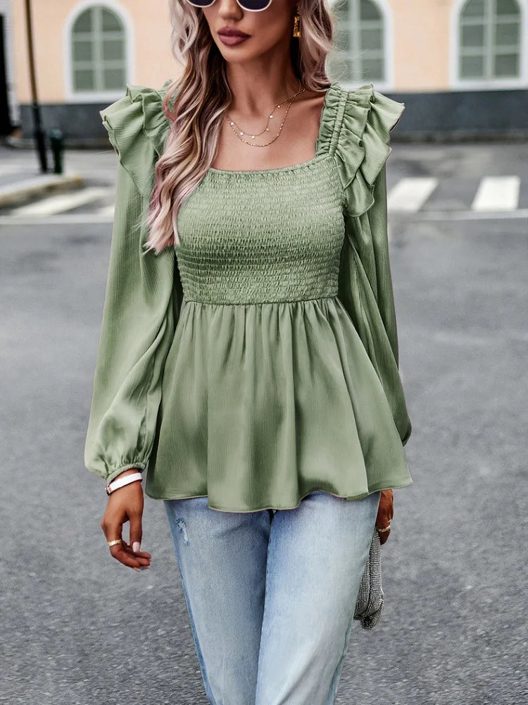 Wjczt Womens Smocked Top Ruffled Puff Sleeves Square Neck Floral Textured Chiffon Shirts Pleated Swing Peplum Blouses T-shirts-- Layered Multi-layer Single Layer