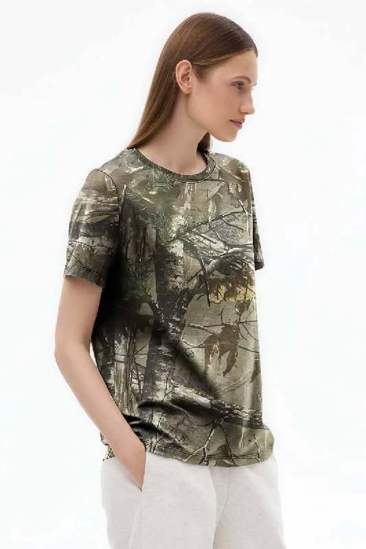 RT Women's Camo Design Crew Neck Tee Shirt-- Ribbed Striped Patterned