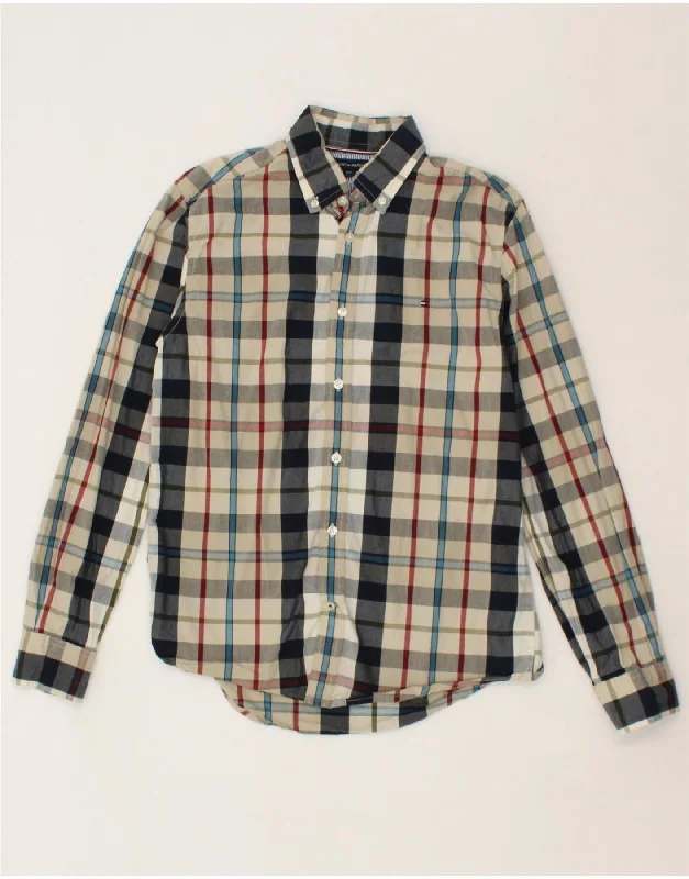 TOMMY HILFIGER Mens Shirt Small Beige Check Cotton-- Houndstooth Herringbone Solid