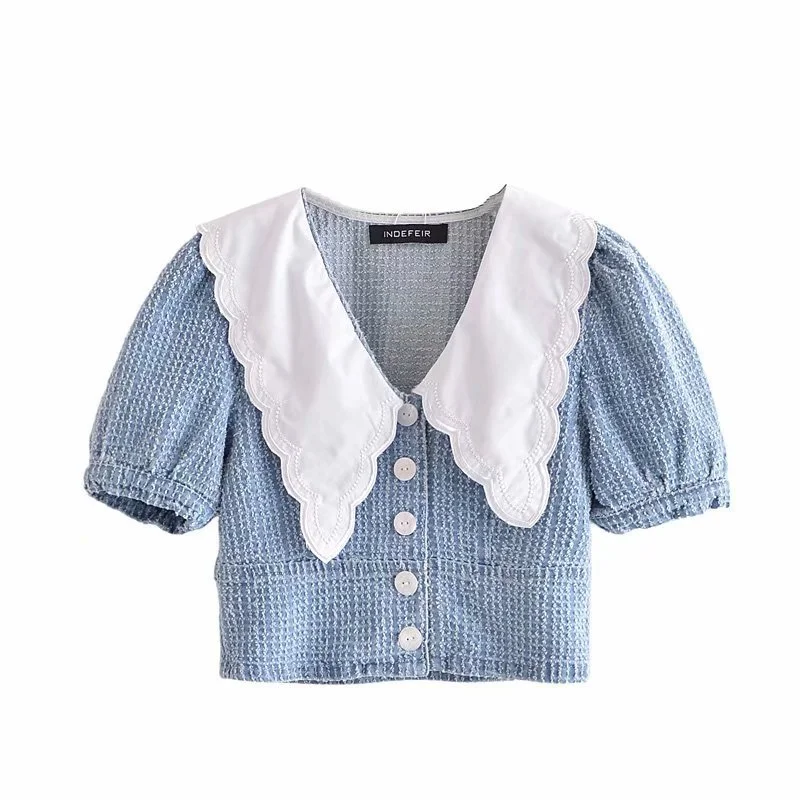 Women'S Vintage Lapel Short Sleeve Puff Sleeve Denim Shirt-- Chenille Blend Fleece Blend Nylon Blend
