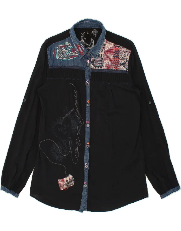 DESIGUAL Womens Graphic Shirt UK 14 Medium Navy Blue Colourblock-- Wool Fabric Cashmere Fabric Tweed Fabric