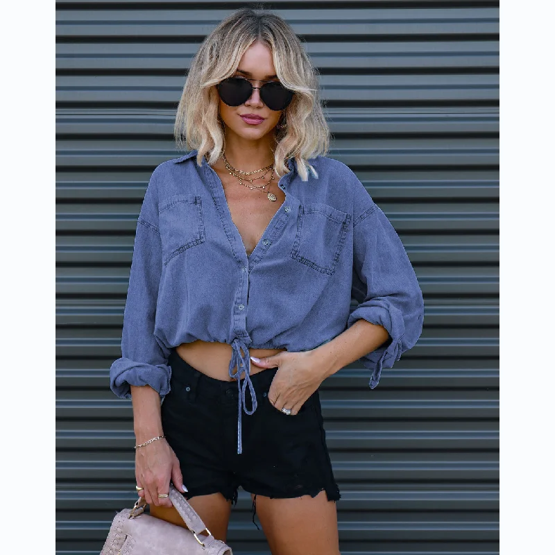 Women'S Fashion Casual Drawstring Lace-Up Cropped Long Sleeve Denim Shirt-- Notch Collar Peter Pan Collar Cowl Neck