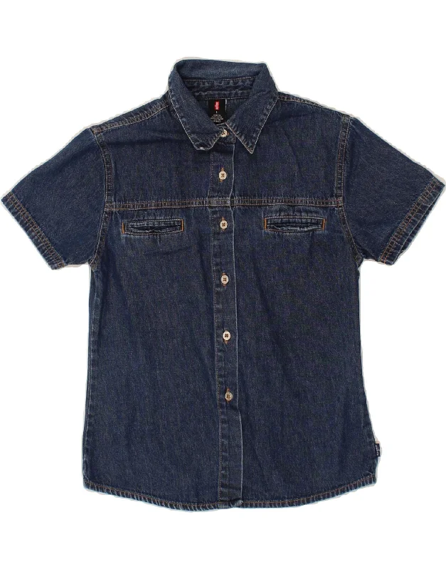 LEVI'S Girls Short Sleeve Denim Shirt 12-13 Years Large Blue Cotton-- Mesh Blend Leather Blend Suede Blend