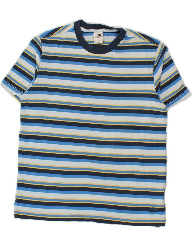 THE NORTH FACE Mens T-Shirt Top Small Blue Striped Cotton-- V-Neck T-Shirt Long Sleeve Cotton