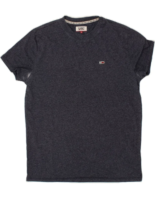 TOMMY HILFIGER Mens T-Shirt Top Large Navy Blue Cotton-- Beaded Sequined Faux Fur