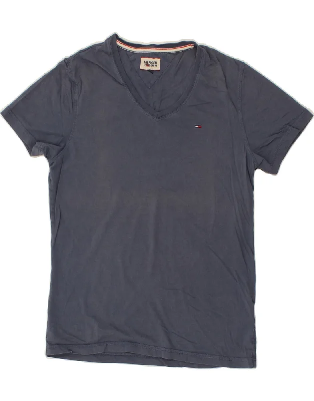 TOMMY HILFIGER Mens T-Shirt Top Medium Navy Blue Cotton-- Zippered Buttoned Snapped