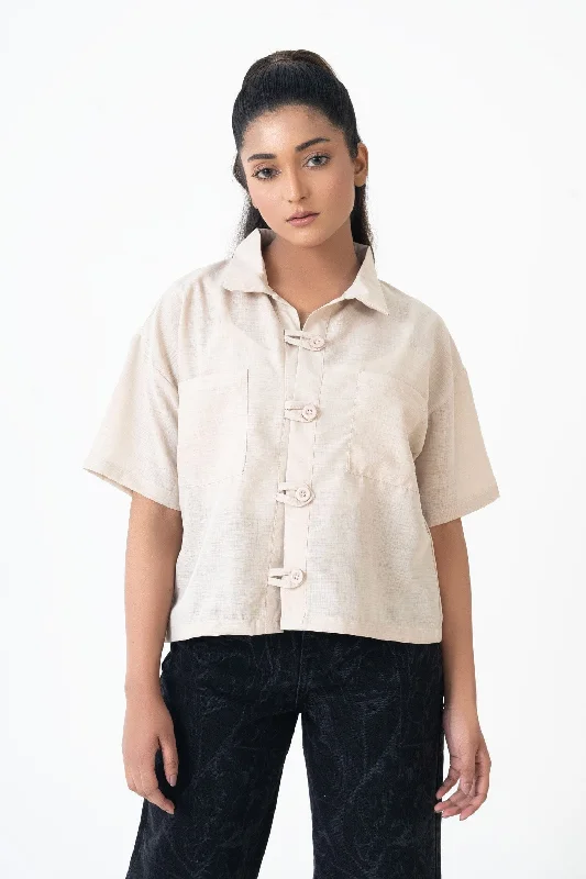 East West Women's Boxy Fit Shirt-- Hooded Caped Shawl Collar