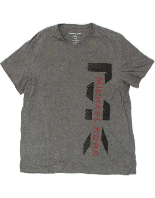 MICHAEL KORS Mens Graphic T-Shirt Top Large Grey Cotton-- Striped Floral Plaid