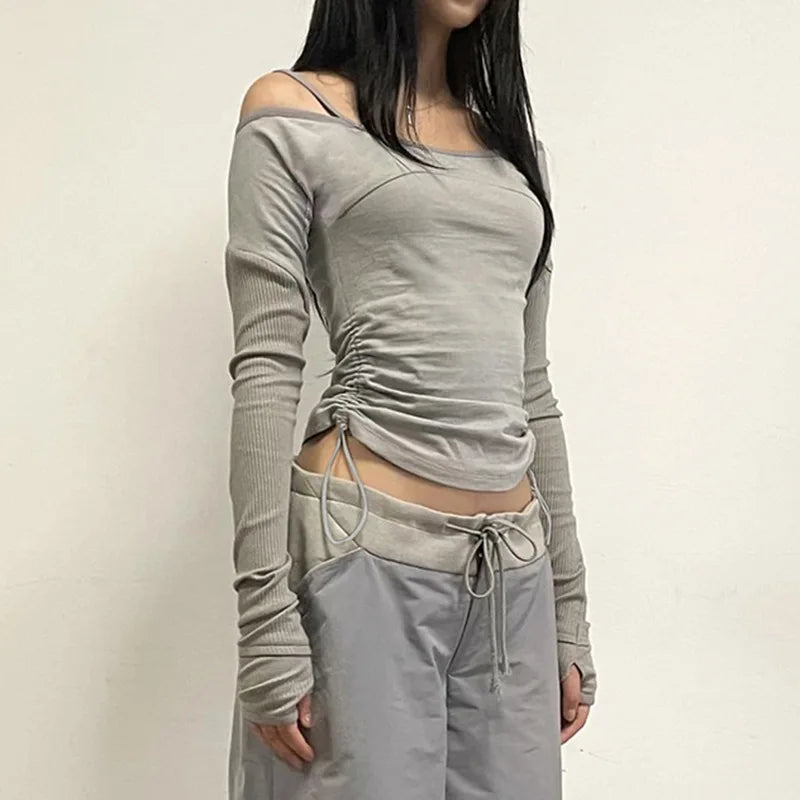 Wjczt Autumn Outfits Slash Neck T-shirts Women Patchwork Slim Chic Folds Designed Casual Top Basic Solid Long Sleeve Korean-- Collared Crew Neck Turtle Neck