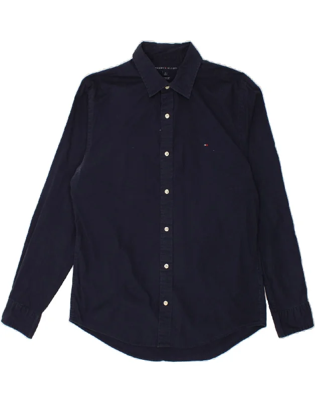 TOMMY HILFIGER Mens Custom Fit Shirt Medium Navy Blue Cotton-- Denim Fabric Leather Fabric Suede Fabric