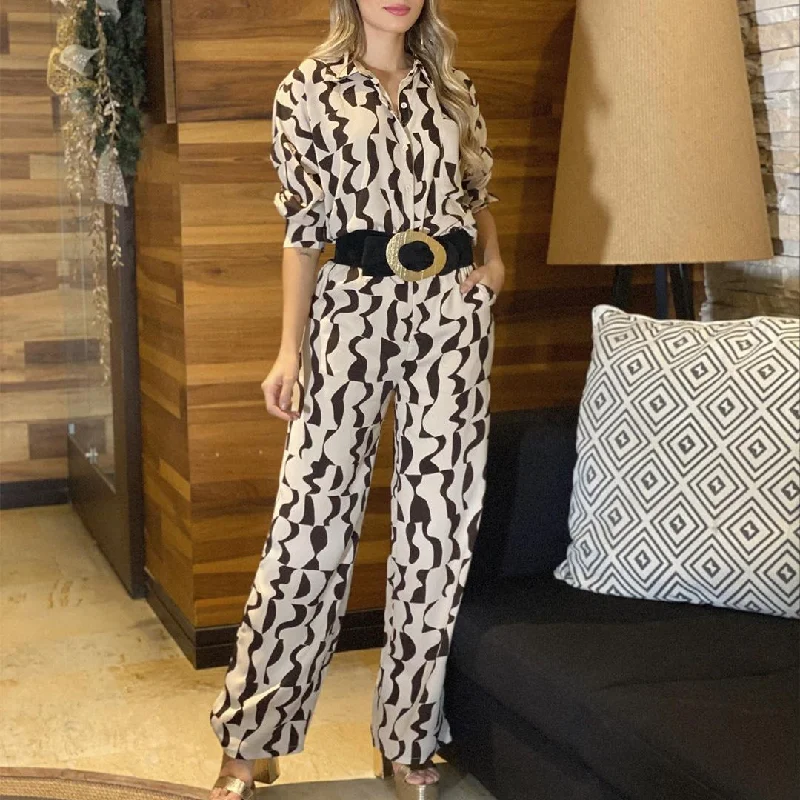 Wjczt 2024 fall fashion trends New Women's Fashion Printed Lapel Long Sleeve Casual Style Shirt High Waist Straight Pants Suit-- Faux Fur Fabric Real Fur Fabric Shearling Fabric