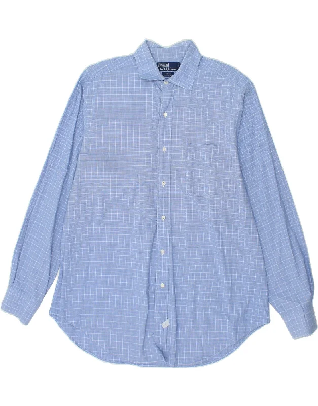 POLO RALPH LAUREN Mens Philip Shirt Size 16 1/2 Large Blue Check Cotton-- Mesh Blend Leather Blend Suede Blend POLO RALPH LAUREN Mens Philip Shirt Size 16 1/2 Large Blue Check Cotton-- Mesh Blend Leather Blend Suede Blend