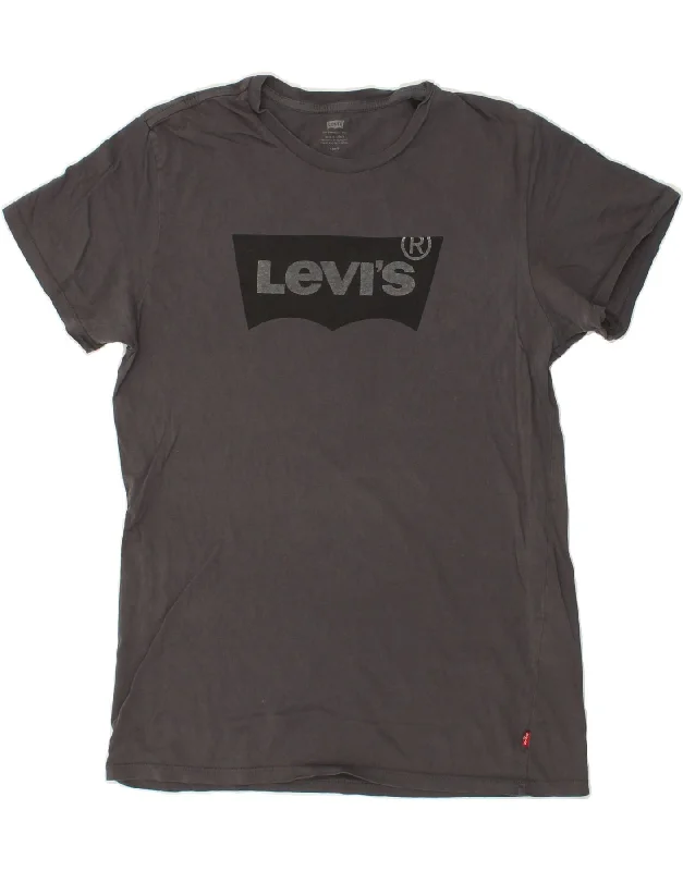 LEVI'S Mens Graphic T-Shirt Top Large Grey Cotton-- Collared T-Shirt Boat Neck A-Line
