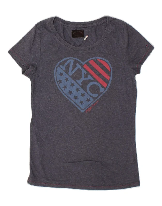 TOMMY HILFIGER Womens Graphic T-Shirt Top UK 14 Medium Navy Blue Flecked-- Denim Fabric Leather Fabric Suede Fabric