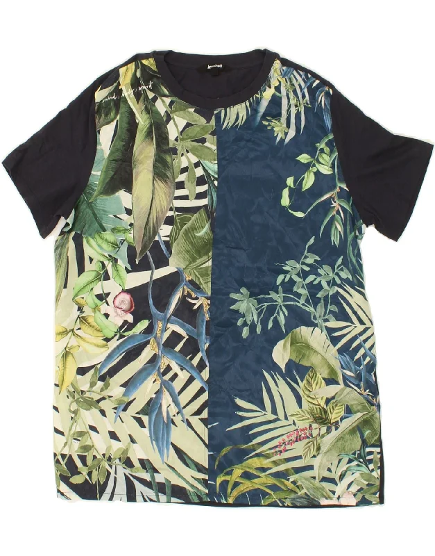 DESIGUAL Womens Loose Fit Graphic T-Shirt Top UK 10 Small Navy Blue Floral-- Spandex Blend Rayon Blend Denim Blend