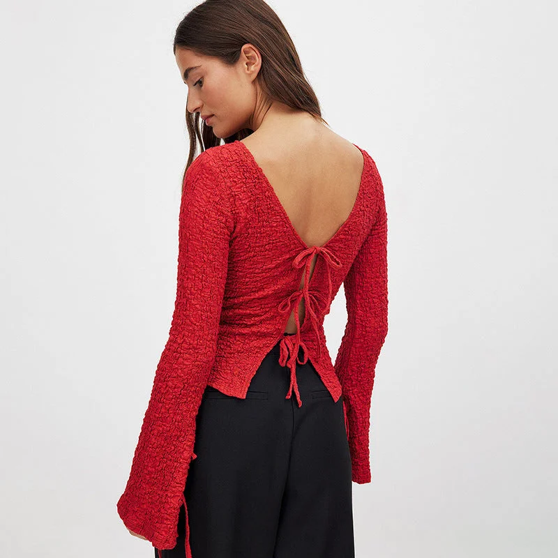 Wjczt discover style ideas Y24tp459 Women's Clothing Autumn New Pure Color Double-Sided Wear Texture Lace-up Long-Sleeved T-shirt Top-- Knit Fabric Woven Fabric Fleece Fabric