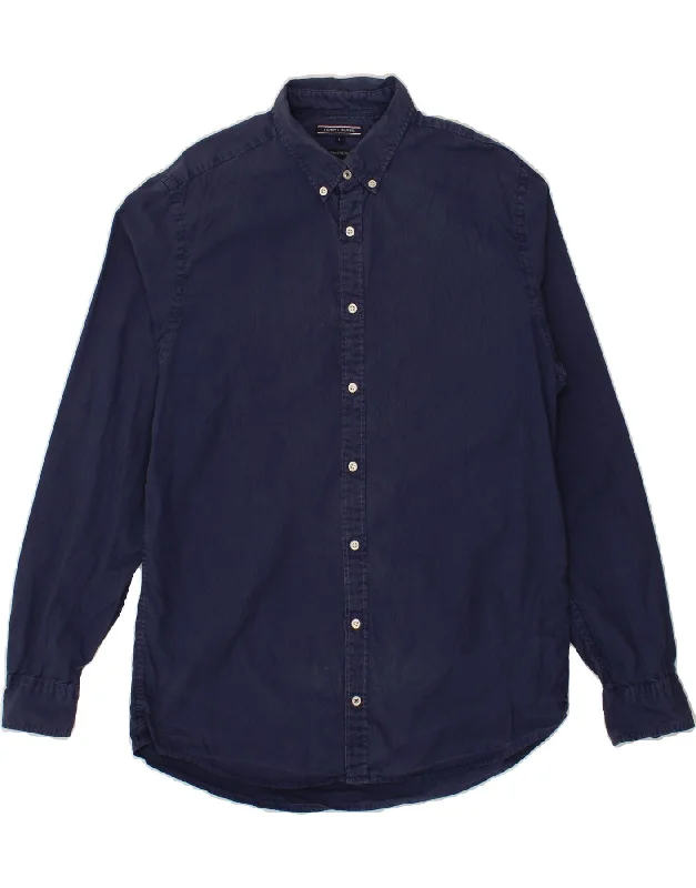 TOMMY HILFIGER Mens New York Fit Corduroy Shirt Large Navy Blue Cotton-- Lace Blend Ribbed Blend Corduroy Blend