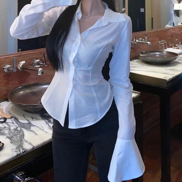 Wjczt business casual outfits Waist-Tight Shirt Women's Long-Sleeved Spring and Autumn Women's Pure Desire White Bell Sleeve Inner Top Design Sense Niche Shirt-- Cashmere Blend Cotton Blend Poly Blend