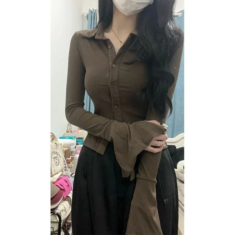 Wjczt business casual outfits Pure Desire Style Slim-Fit Polo Collar Long-Sleeved Shirt Spring and Autumn Hot Girl Slimming Design Sense Niche Bell Sleeve Short Top-- Sequined Glittery Shiny