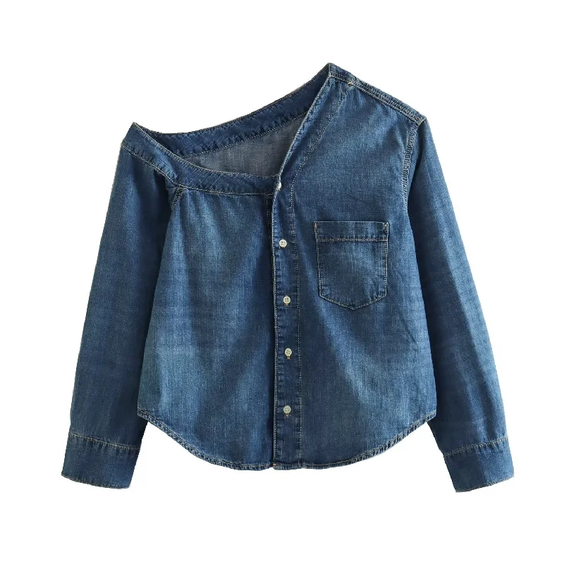 Women'S Fashion Casual Slanted Shoulder Asymmetric Breasted Denim Shirt-- Print Jacquard Patchwork
