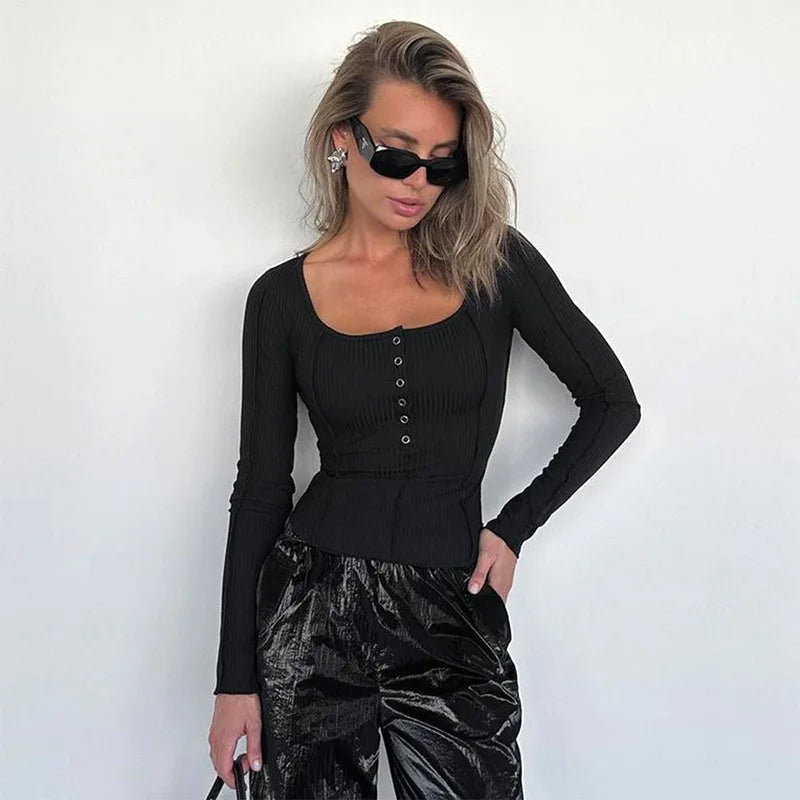 Wjczt Spring Autumn Ribbed Knit Button Up Black T-Shirts Women Casual Long Sleeve Square Collar Skinny Tee Shirt Femme Streetwear Tops-- Notch Collar Peter Pan Collar Cowl Neck