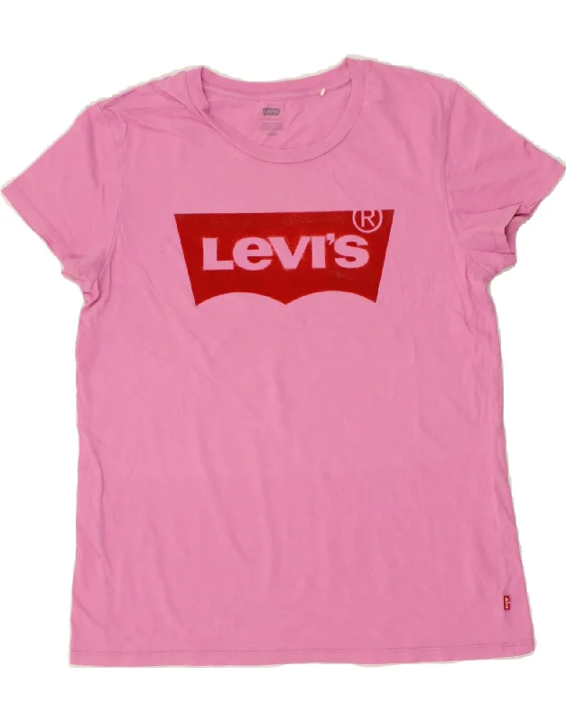 LEVI'S Womens Graphic T-Shirt Top UK 14 Medium Pink-- Chenille Blend Fleece Blend Nylon Blend