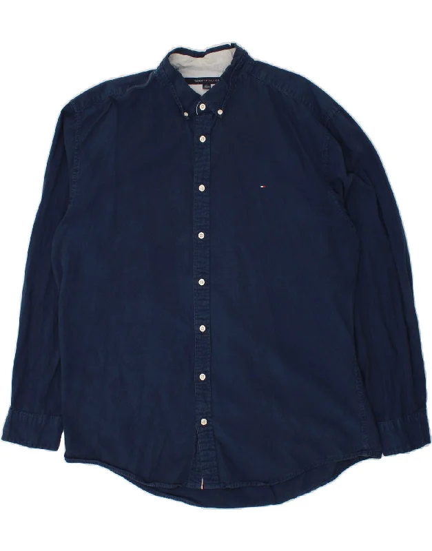 TOMMY HILFIGER Mens Tall Shirt 2XL Navy Blue Cotton-- Wool Fabric Cashmere Fabric Tweed Fabric