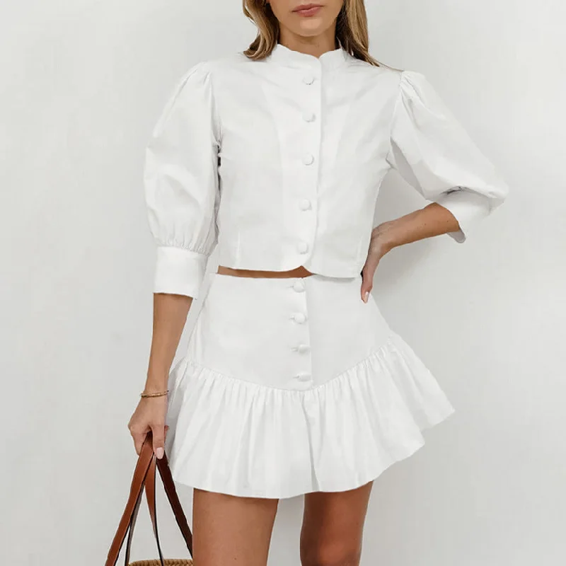 Wjczt fall 2024 fashion trends 2024 Summer White Lantern Sleeve Shirt Short Skirt Two-Piece Set Women's Design Sense Professional Suit Women's Clothing-- Casual Formal Business