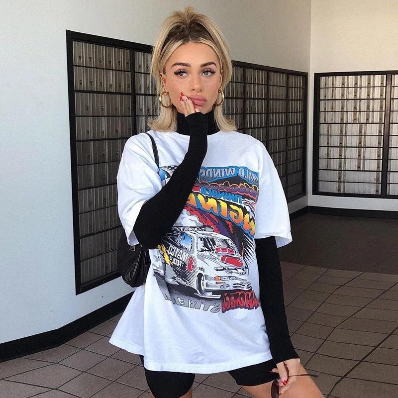 Wjczt outfit inspo Fashion Top Women's American Retro Short Sleeve Ins Internet Celebrity Same Style Racing Printed Loose T-shirt Women 11713-- Polka Dot Checkered Tartan