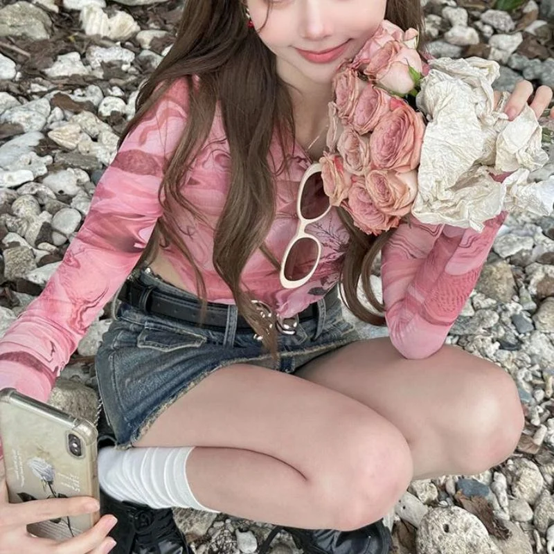Wjczt outfit ideas American Hot Girl Pink Tie-Dyed Mesh Long-Sleeved T-shirt Women's Summer New Sexy Waist-Exposed Short Bottoming Shirt Rose-- Cotton Fabric Linen Fabric Terry Fabric