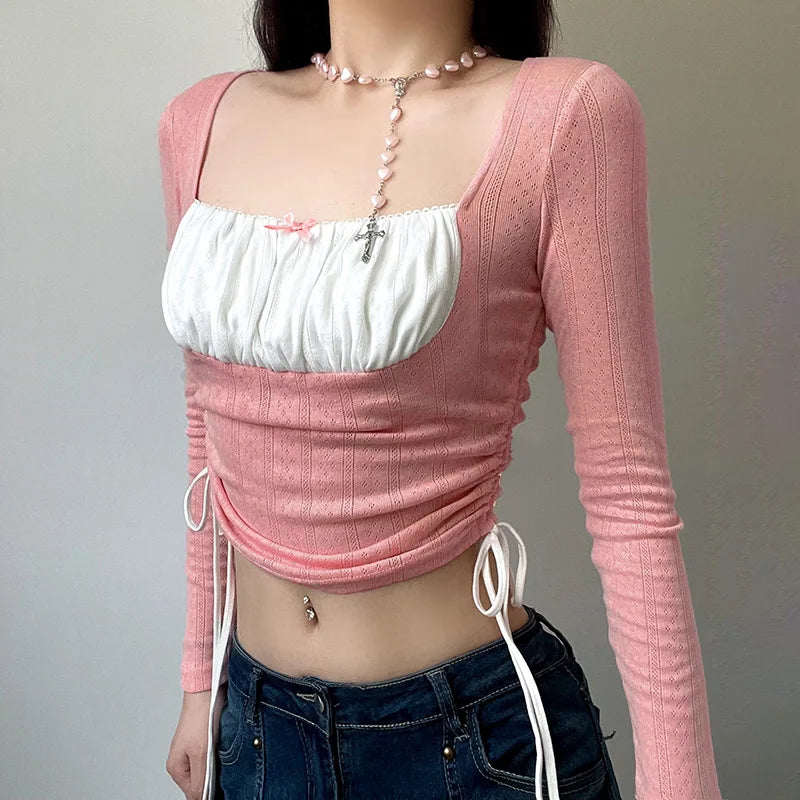 Wjczt Autumn Outfits Sweet Patchwork Y2K Chic Shirts Draswtring Shirring Pink Tops Tee Long Sleeves Square Collar 90s Outfits Clothes Bow T-shirts-- Houndstooth Herringbone Solid