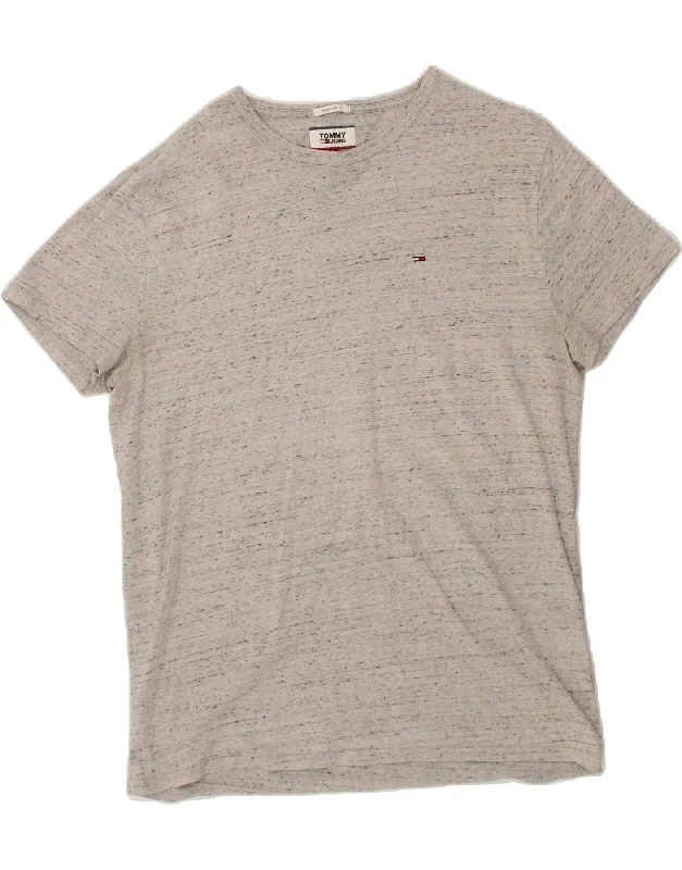 TOMMY HILFIGER Mens Regular Fit T-Shirt Top Large Grey Flecked Cotton-- Zippered Buttoned Snapped