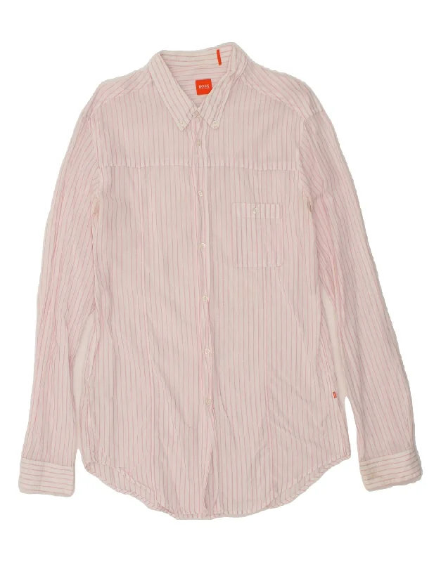 HUGO BOSS Mens Shirt Medium Pink Pinstripe Cotton-- Welt Pockets Slit Pockets Flap Pockets