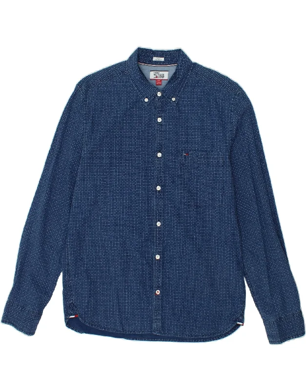 TOMMY HILFIGER Mens Slim Fit Shirt Large Navy Blue Check Cotton-- Knit Fabric Woven Fabric Fleece Fabric TOMMY HILFIGER Mens Slim Fit Shirt Large Navy Blue Check Cotton-- Knit Fabric Woven Fabric Fleece Fabric
