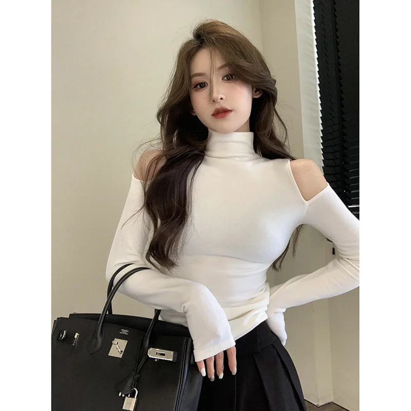 Wjczt t shirt Women's Korean-Style Half Turtleneck Bottoming Shirt Autumn and Winter New Design off-Shoulder Inner Long Sleeve T-shirt-- Fashionable Trendy Casual