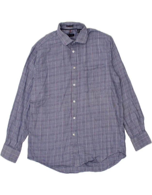 TOMMY HILFIGER Mens Regular Fit Shirt Size 16 1/2 Large Blue Check-- Hooded Caped Shawl Collar