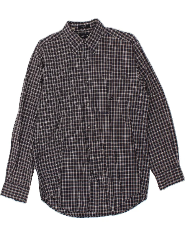 NAUTICA Mens Shirt Small Navy Blue Check Cotton-- Welt Pockets Slit Pockets