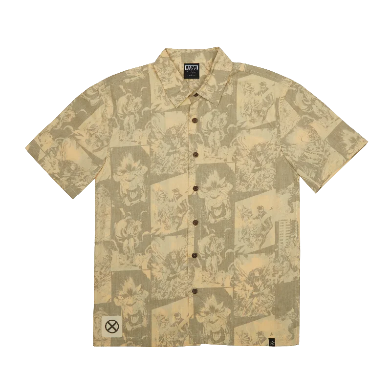 X-Men All Over Film Print Button-Down Shirt-- Asymmetrical Pockets Print