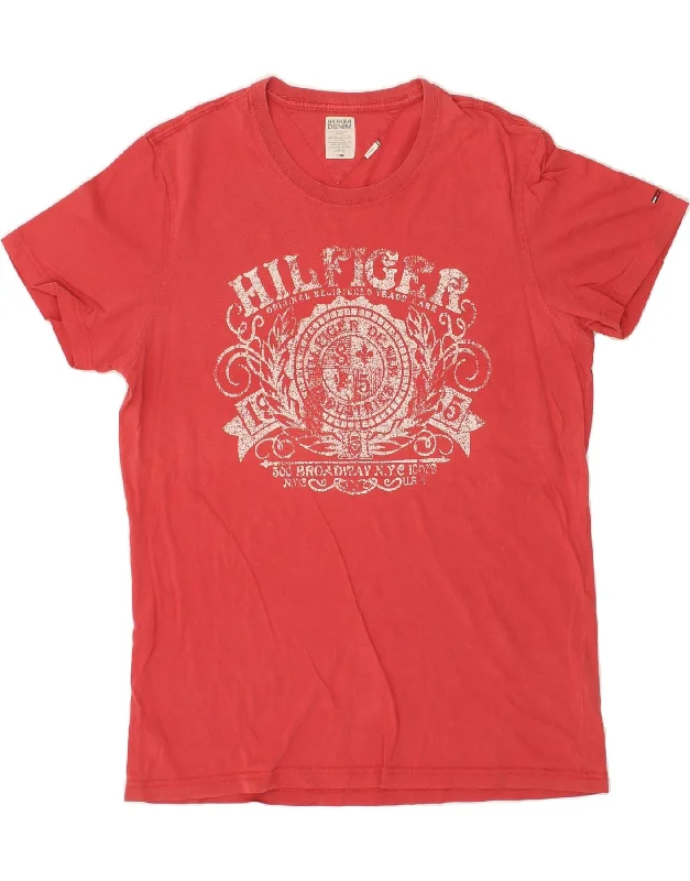 TOMMY HILFIGER Mens Graphic T-Shirt Top XL Red Cotton-- Collared Crew Neck Turtle Neck
