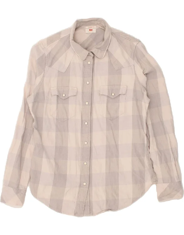 LEVI'S Womens Tailored Fit Shirt UK 14 Large Grey Check Cotton-- V-Neck T-Shirt Long Sleeve Cotton